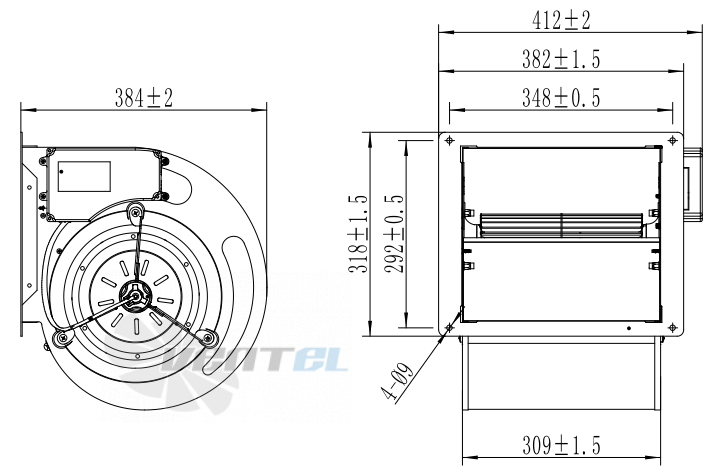 Присоединительные размеры Fans-tech DH255F5-AGT-00 с вперед загнутыми лопатками EC