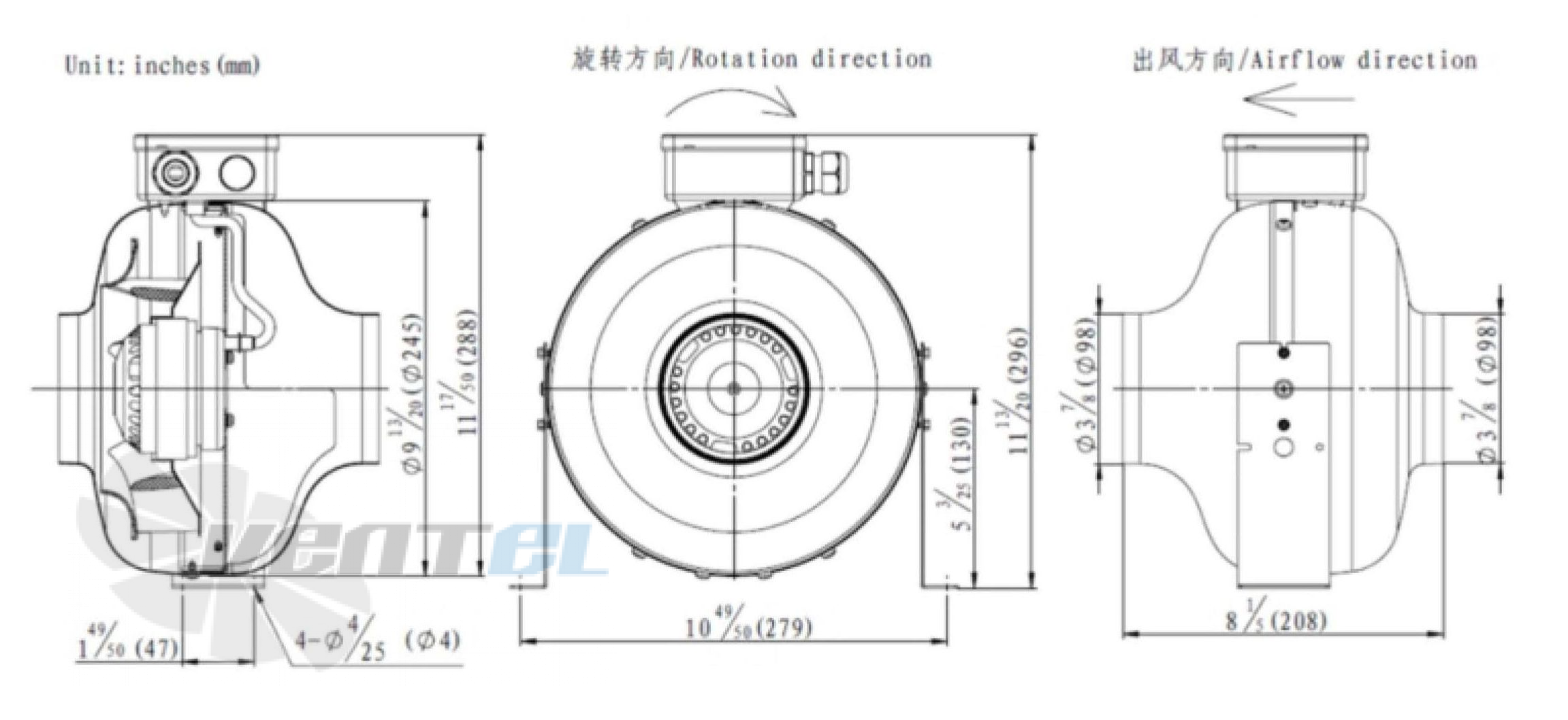Присоединительные размеры Fans-tech DF100A1-068-A01 канальный