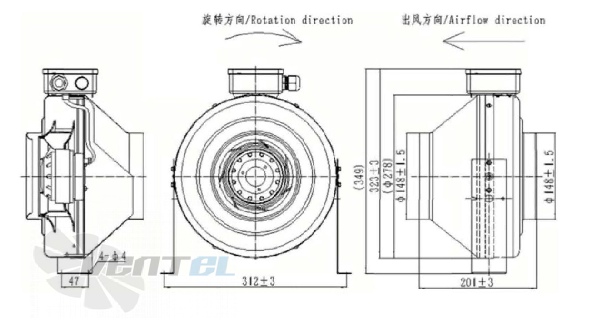 Присоединительные размеры Fans-tech DF150E2-055-A00 канальный