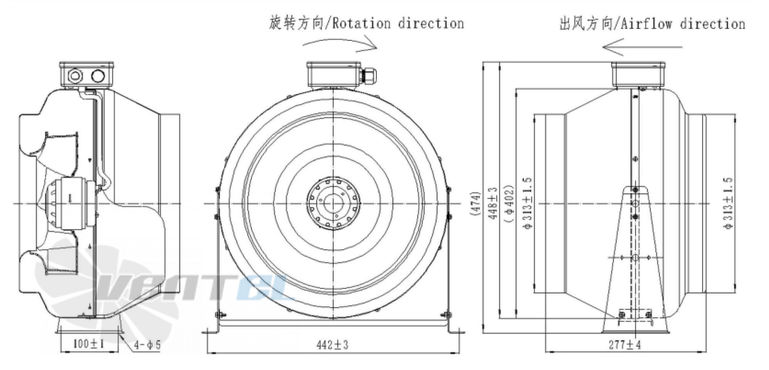 Присоединительные размеры Fans-tech DF315F2-055-A00 канальный