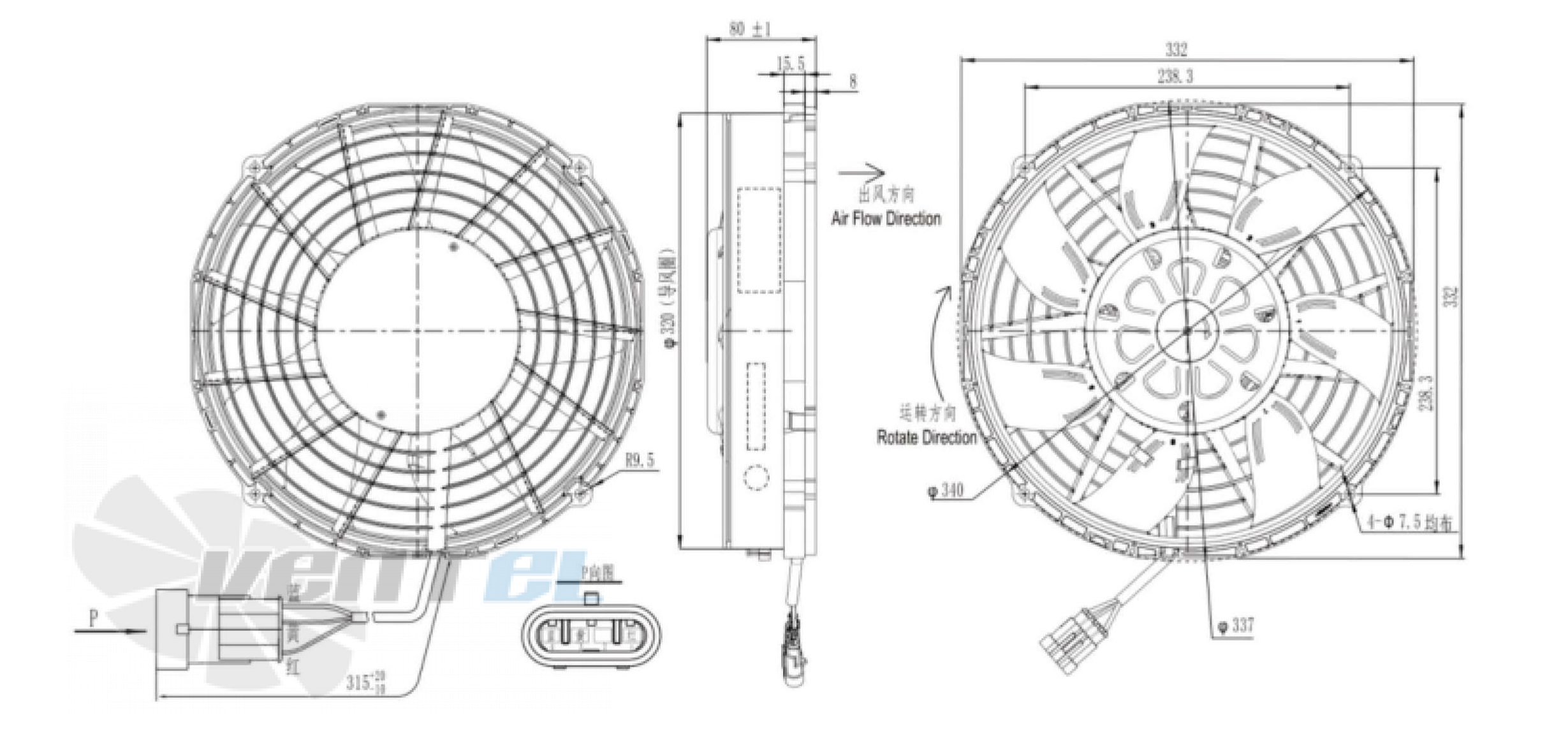 Присоединительные размеры Fans-tech AF300F4-060-000 с обратно загнутыми лопатками DC