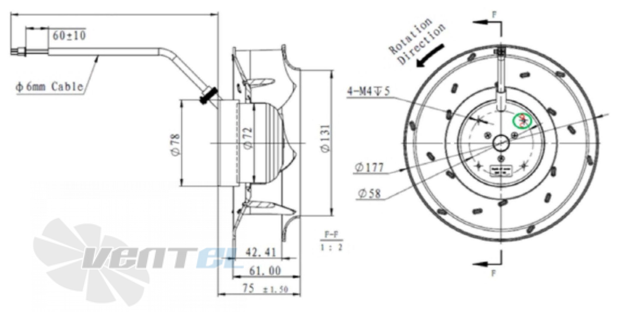 Присоединительные размеры Fans-tech SC175F2-055-001 с вперед загнутыми лопатками EC