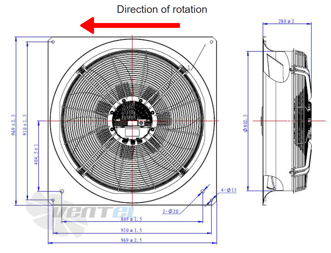 Присоединительные размеры Fans-tech AF800F5-150-004 осевой EC