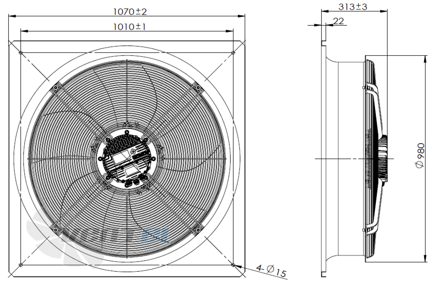 Присоединительные размеры Fans-tech AF900F5-AQT-00 осевой EC