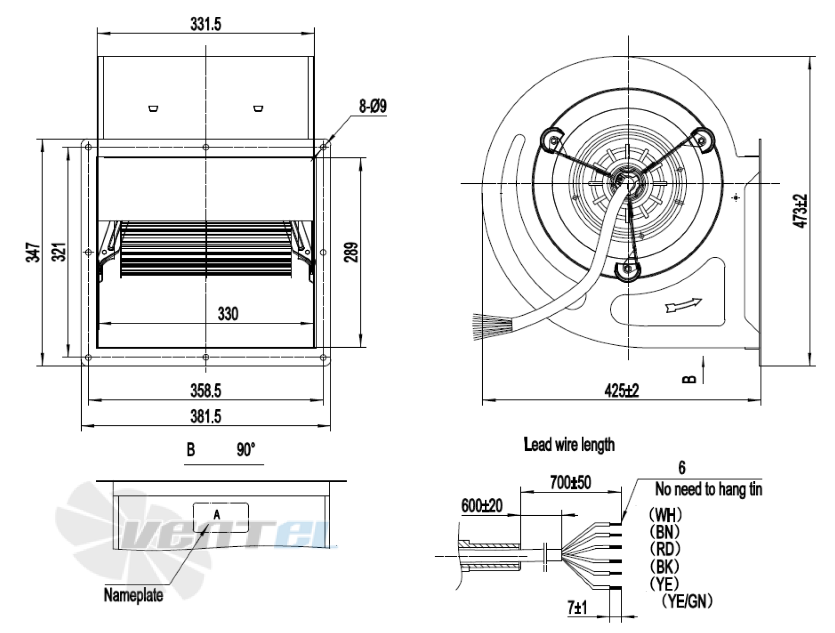 Присоединительные размеры Fans-tech DH280A3-AGT-01 центробежный AC