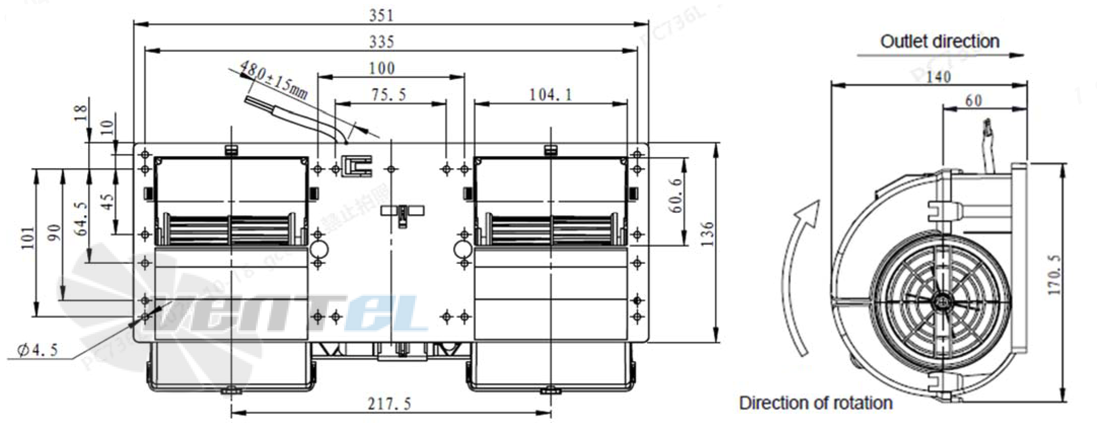 Присоединительные размеры Fans-tech FC097E3-DC0-01 фанкойл DC