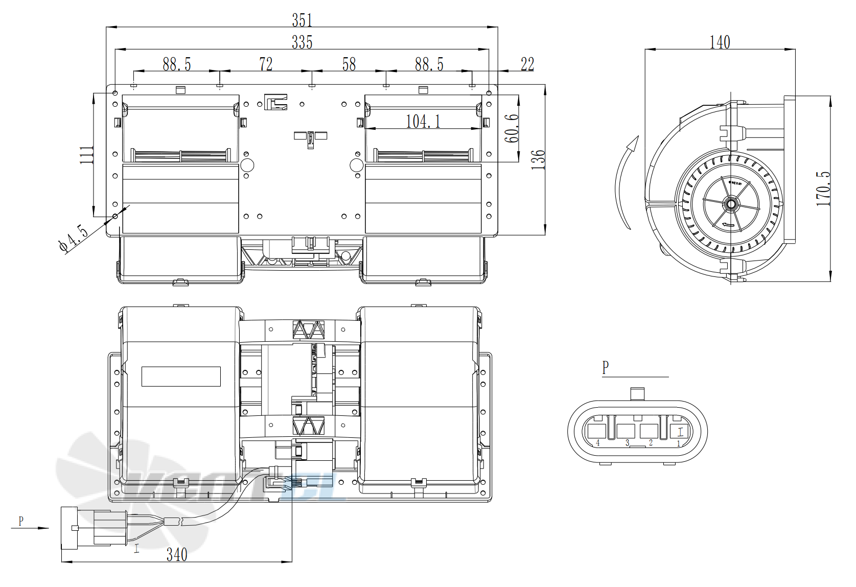 Присоединительные размеры Fans-tech FC097E3-DD0-16 фанкойл DC