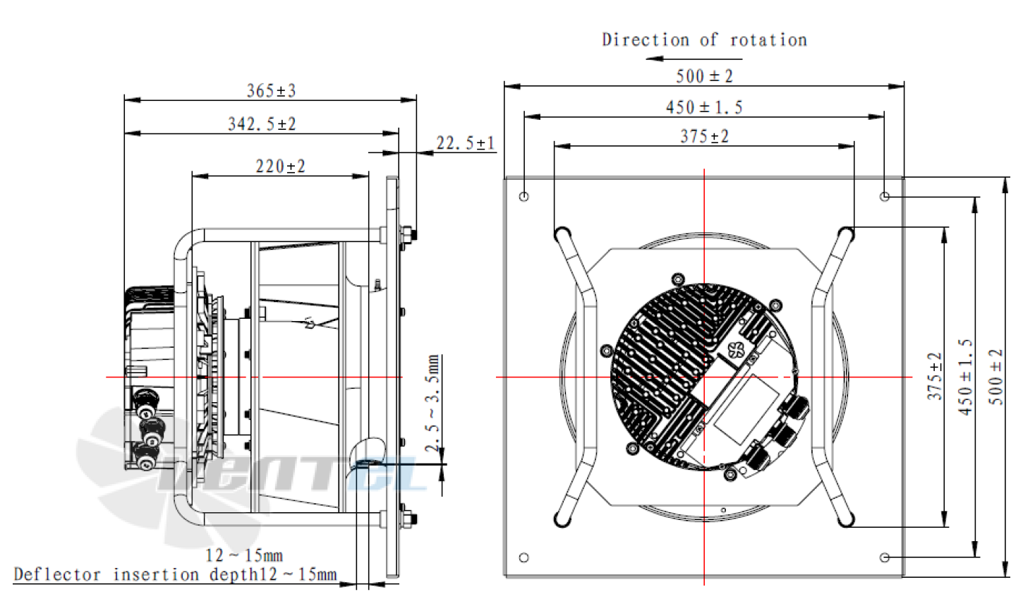Присоединительные размеры Fans-tech SC355F5-112-003 центробежный EC