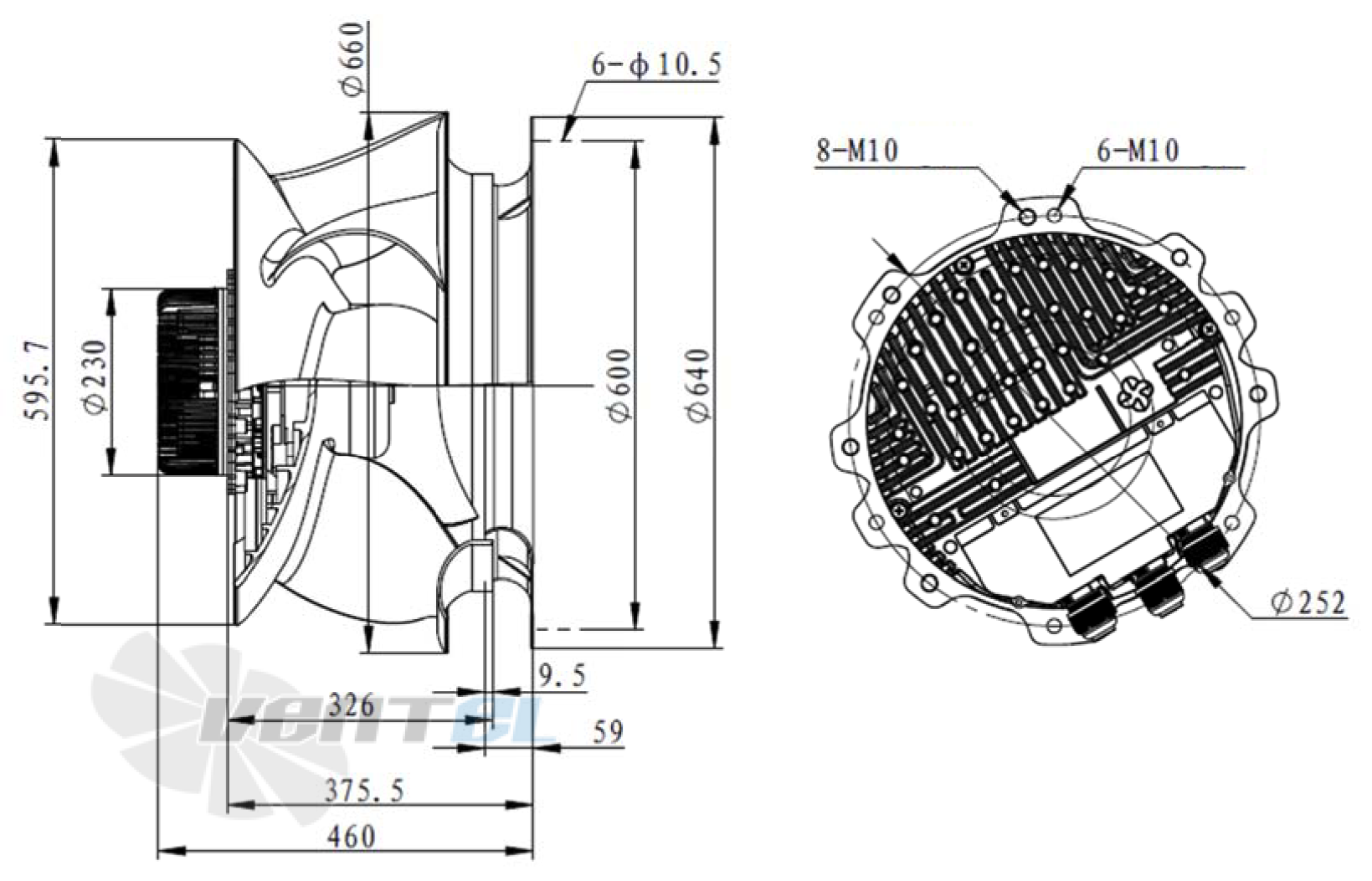 Присоединительные размеры Fans-tech SC630F5-150-A01 центробежный EC