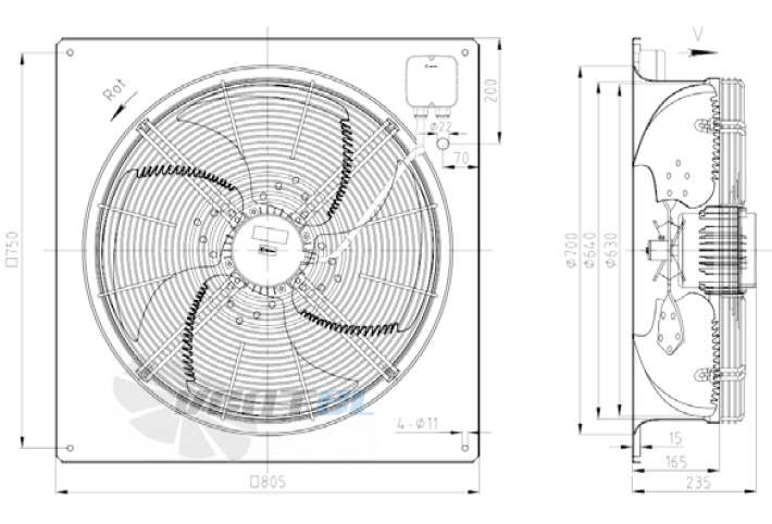 Габаритные размеры KEMAO ODS630C-150B4.6D.V-01B 0.37 кВт осевой AC