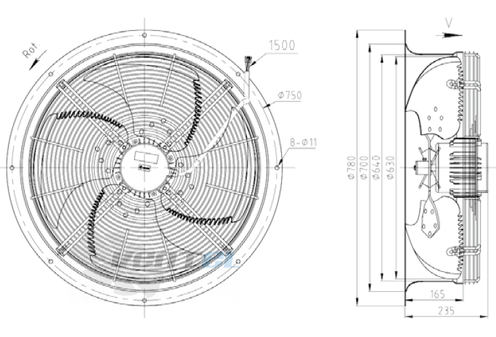 Габаритные размеры KEMAO ODS630C-150B4.6D.V-03B 0.37 кВт осевой AC