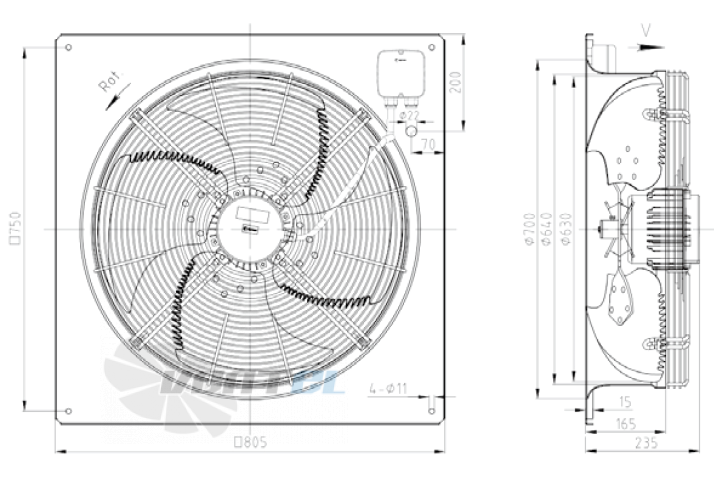 Габаритные размеры KEMAO ODS630C-165B4.6D.V-01B 0.55 кВт осевой AC