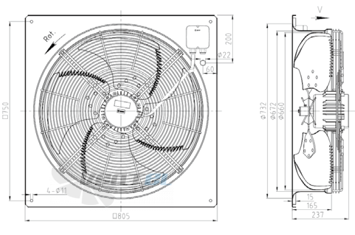 Габаритные размеры KEMAO ODS660C-150B4.6D.V-01B 0.55 кВт осевой AC