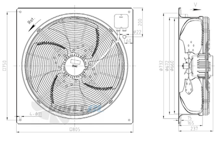 Габаритные размеры KEMAO ODS660C-165B4.6D.V-01B 0.55 кВт осевой AC