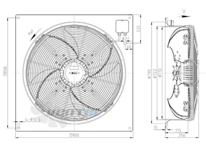 Габаритные размеры KEMAO ODS710C-175B4.6D.V-01B 0.55 кВт осевой AC