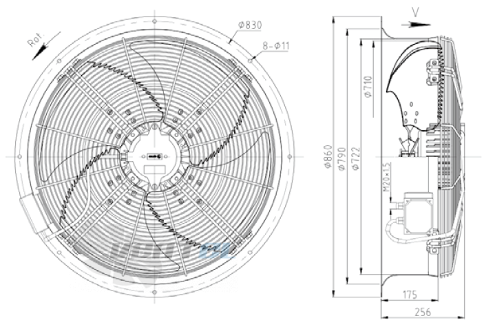 Габаритные размеры KEMAO ODS710C-175B4.6D.V-03B 0.55 кВт осевой AC