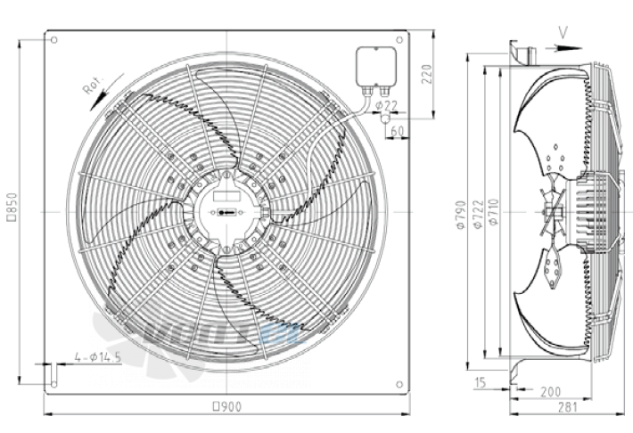 Габаритные размеры KEMAO ODS710C-190B4.SD.V-01B 0.75 кВт осевой AC