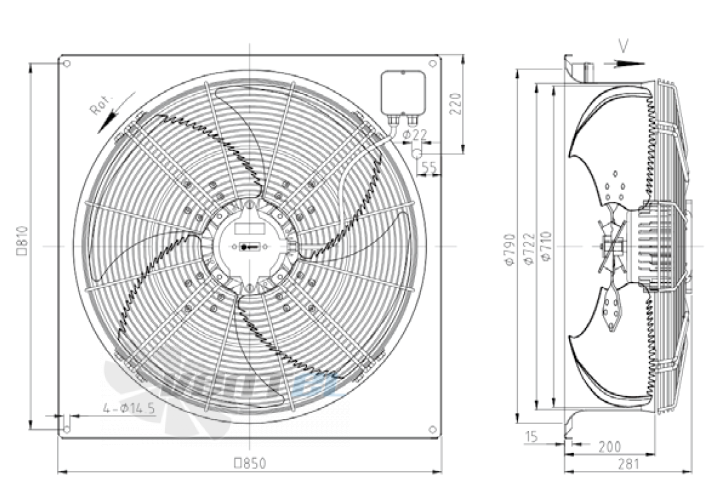 Габаритные размеры KEMAO ODS710C-190B4.SD.V-01B2 0.75 кВт осевой AC
