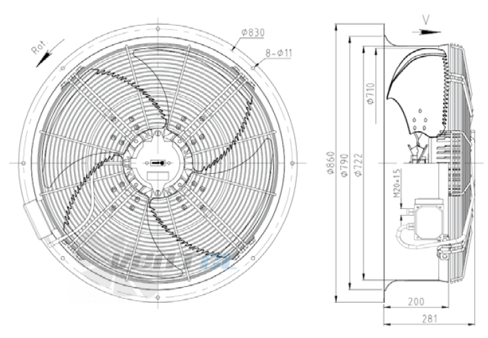 Габаритные размеры KEMAO ODS710C-190B4.AD.V-03B 0.37 кВт осевой AC