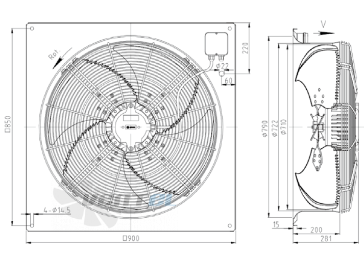 Габаритные размеры KEMAO ODS710C-200B4.AD.V-01B 0.37 кВт осевой AC