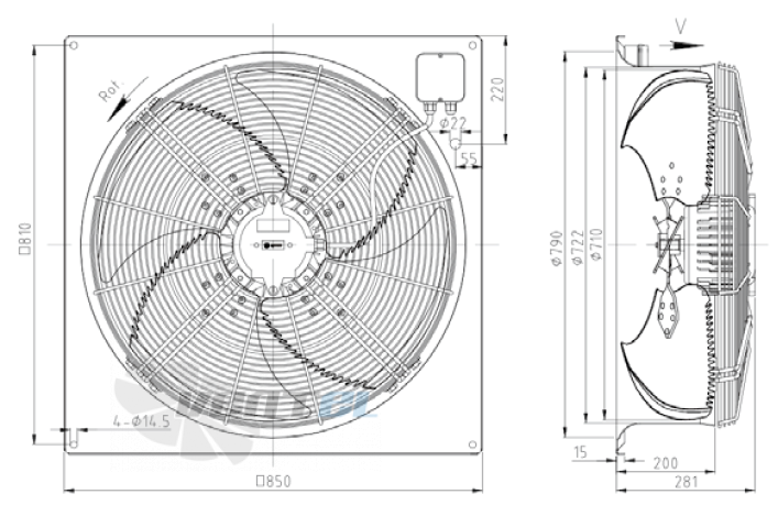 Габаритные размеры KEMAO ODS710C-200B4.AD.V-01B2 0.37 кВт осевой AC