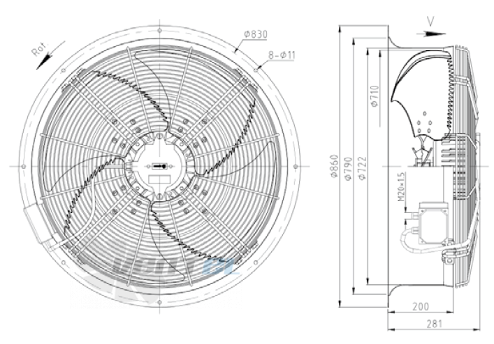 Габаритные размеры KEMAO ODS710C-200B4.AD.V-03B 0.37 кВт осевой AC