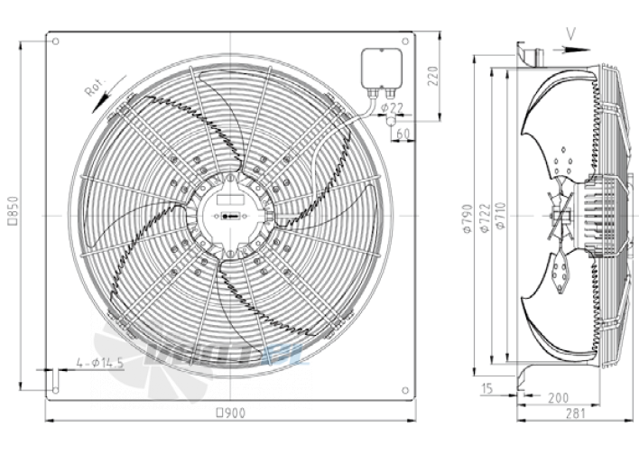 Габаритные размеры KEMAO ODS710C-215B4.6D.V-01B 0.9 кВт осевой AC