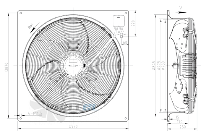 Габаритные размеры KEMAO ODS760C-160B3.6D.V-01B 0.75 кВт осевой AC
