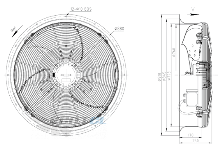 Габаритные размеры KEMAO ODS760C-160B3.6D.V-03B 0.75 кВт осевой AC