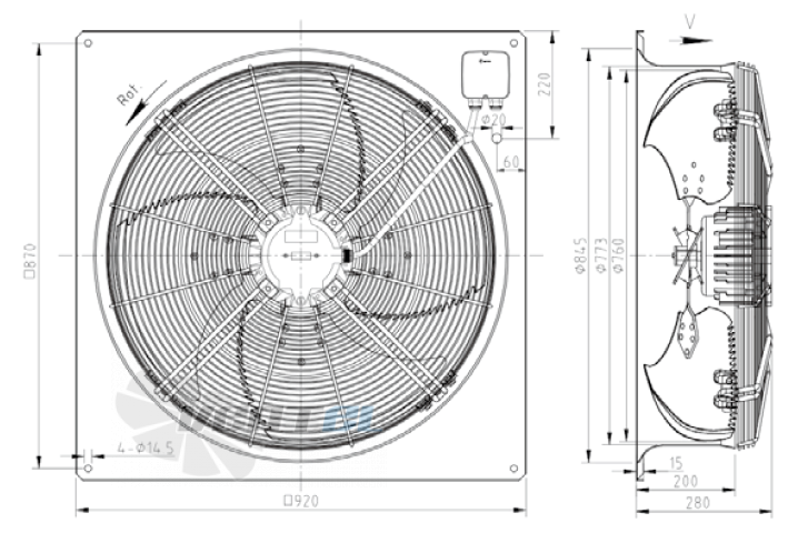 Габаритные размеры KEMAO ODS760C-190B4.AD.V-01B 0.37 кВт осевой AC