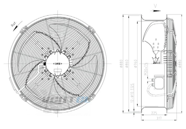 Габаритные размеры KEMAO ODS760C-190B4.6D.V-03B 0.9 кВт осевой AC