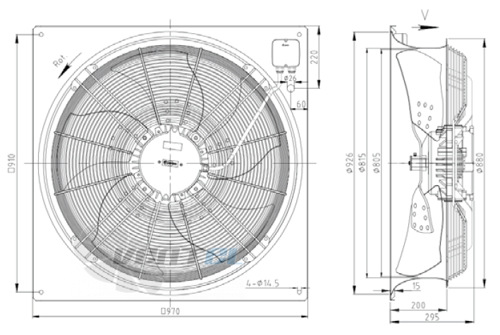 Габаритные размеры KEMAO ODS800C-170B5.6D.V-01B 2.2 кВт осевой AC