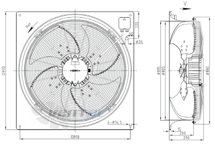 Габаритные размеры KEMAO ODS800C-215B4.SD.V-01B 1.5 кВт осевой AC