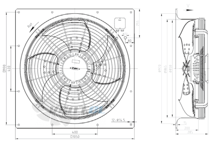 Габаритные размеры KEMAO ODS850C-145B4.SD.V-01B 1.5 кВт осевой AC