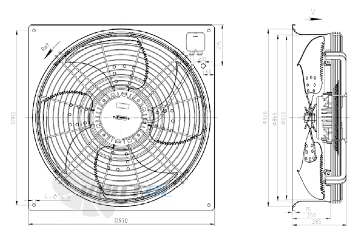 Габаритные размеры KEMAO ODS850C-145B4.SD.V-01B2 1.5 кВт осевой AC