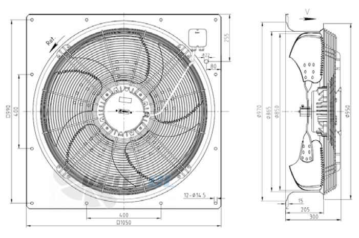 Габаритные размеры KEMAO ODS850C-160B5.8D.V-01B 1.0 кВт осевой AC