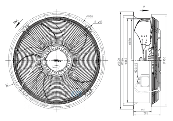 Габаритные размеры KEMAO ODS850C-160B5.6D.V-03B 1.8 кВт осевой AC