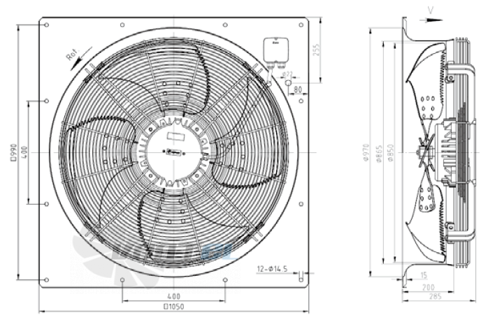 Габаритные размеры KEMAO ODS850C-170B4.6D.V-01B 1.5 кВт осевой AC
