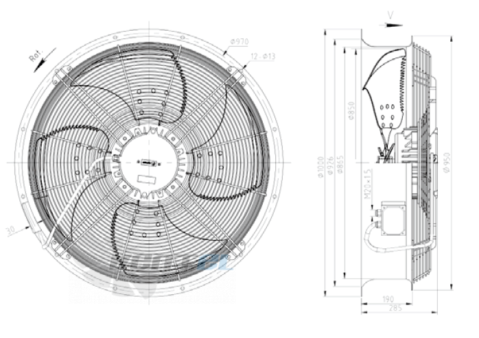 Габаритные размеры KEMAO ODS850C-170B4.6D.V-03B 1.5 кВт осевой AC
