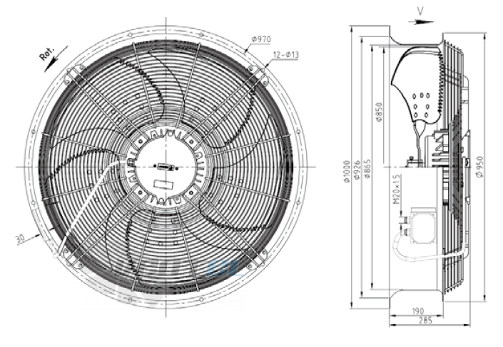 Габаритные размеры KEMAO ODS850C-170B5.SD.V-03B 1.8 кВт осевой AC