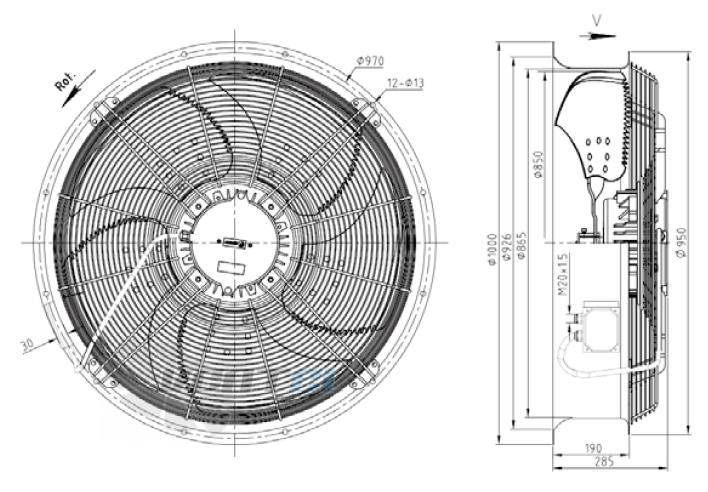 Габаритные размеры KEMAO ODS850C-185B5.10D.V-03B 0.75 кВт осевой AC