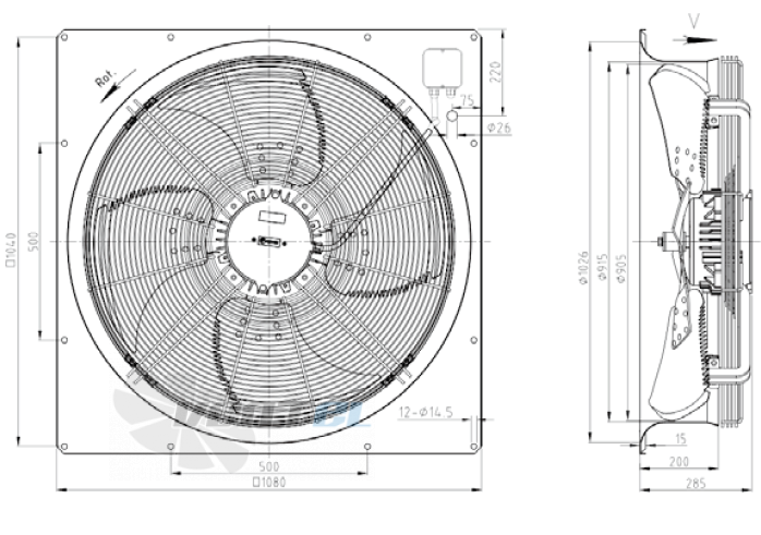 Габаритные размеры KEMAO ODS900C-145B4.6D.V-01B 1.5 кВт осевой AC