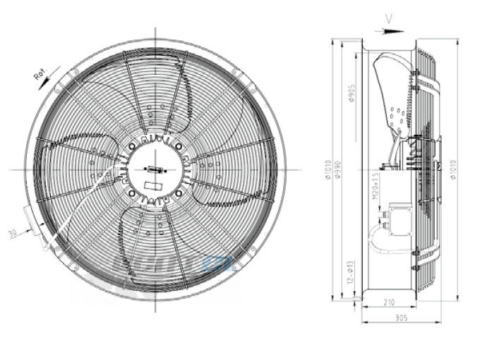 Габаритные размеры KEMAO ODS900C-145B4.6D.V-03B 1.5 кВт осевой AC
