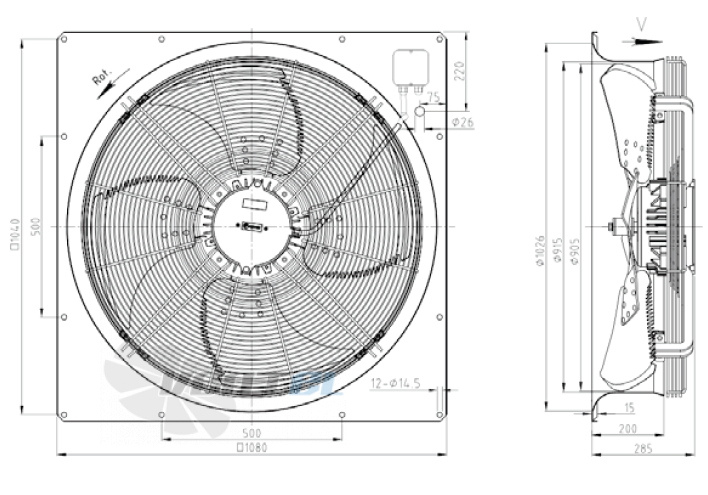 Габаритные размеры KEMAO ODS900C-155B4.6D.V-01B 1.8 кВт осевой AC