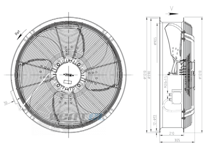 Габаритные размеры KEMAO ODS900C-155B4.6D.V-03B 1.8 кВт осевой AC