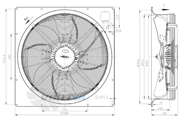 Габаритные размеры KEMAO ODS900C-165B4.SD.V-01B 2.2 кВт осевой AC