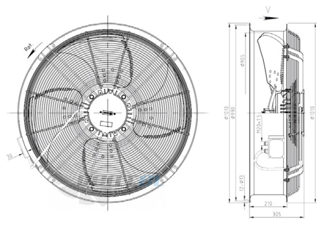 Габаритные размеры KEMAO ODS900C-165B4.SD.V-03B 2.2 кВт осевой AC