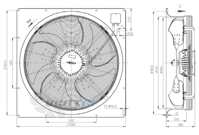 Габаритные размеры KEMAO ODS900C-180B5.6D.V-01B 2.8 кВт осевой AC