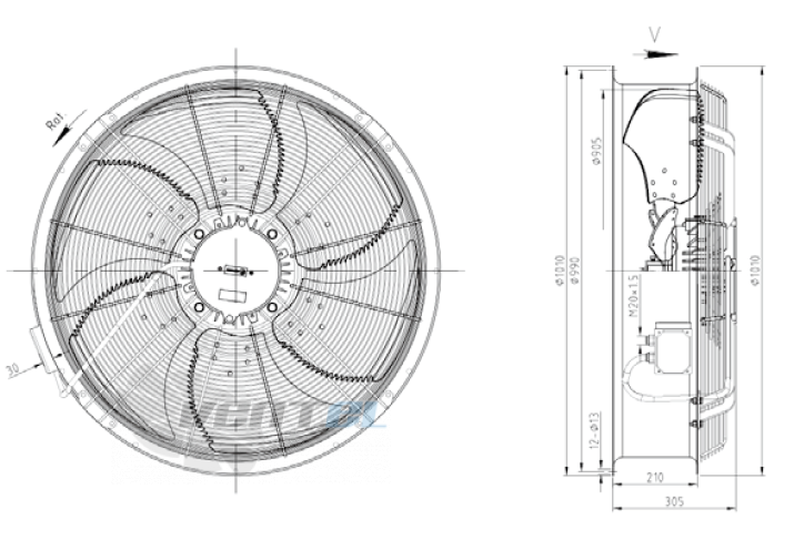 Габаритные размеры KEMAO ODS900C-200B6.8D.V-03B 1.8 кВт осевой AC