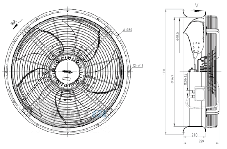 Габаритные размеры KEMAO ODS950C-185B5.8D.V-03B 1.8 кВт осевой AC